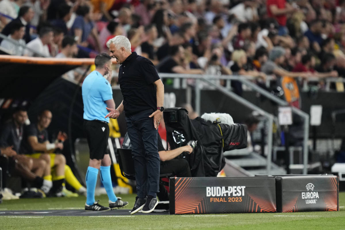 Roma manager Jose Mourinho pictured during the 2023 UEFA Europa League final against Sevilla in Budapest